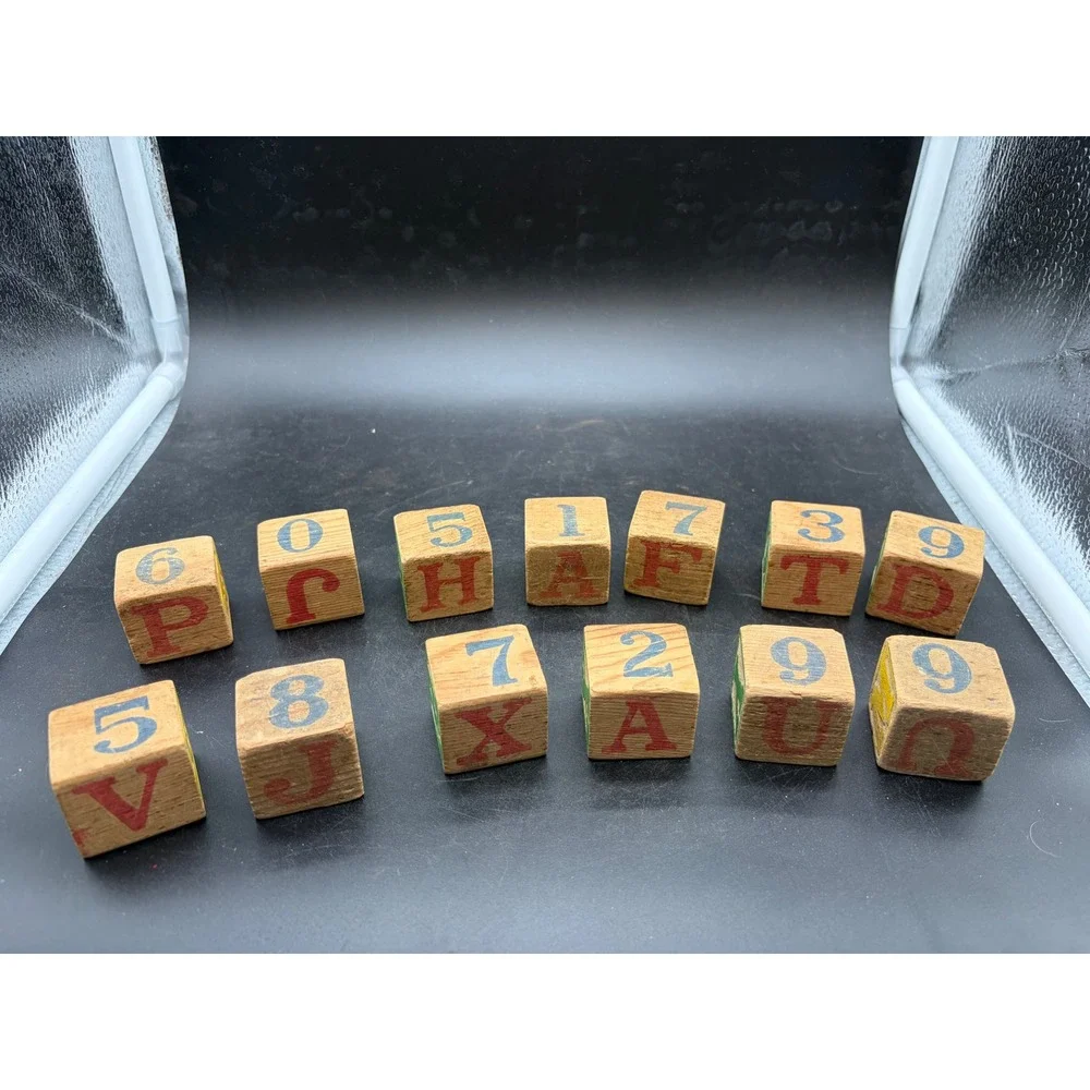 Vintage‎ Wooden Alphabet Blocks Set ABC 123 Letters Numbers Nursery Decor 26pc